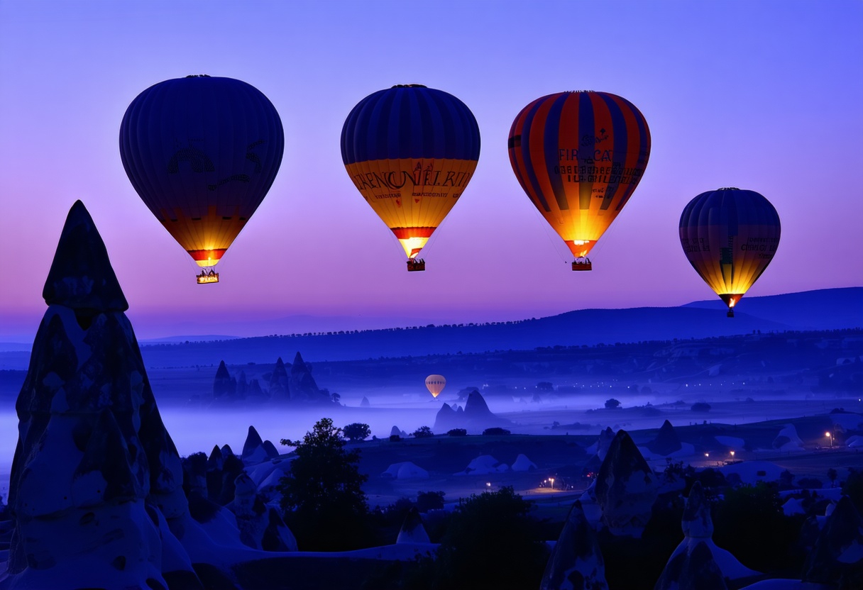 Hot-air balloons glowing above the fairy chimneys of Cappadocia before sunrise