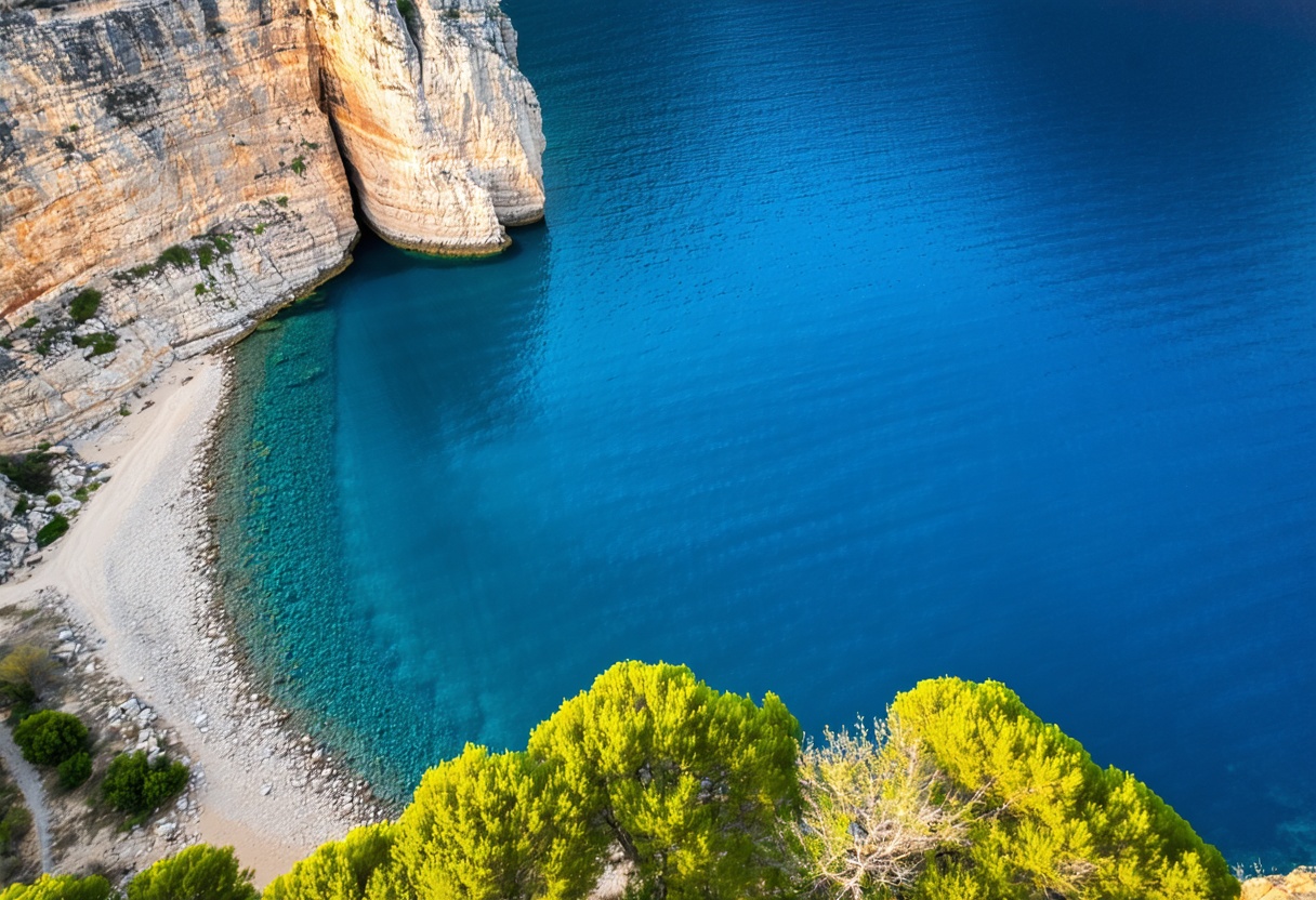 Aerial view of a Mediterranean cove with deep blue water and limestone cliffs